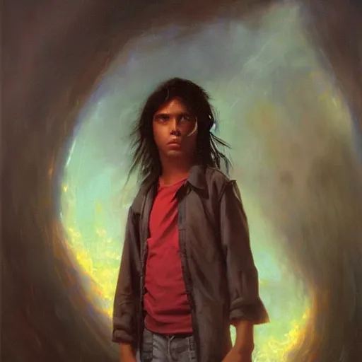 Image similar to a latino 1 5 year old boy with long black hair opens a dark portal to the void. dramatic. cinematic. detailed. sharp. photo realistic. realism. repin. phil hale. krenz cushart