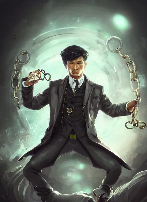 Prompt: a highly detailed illustration of Daniel Matsunaga as serious detective wearing detective coat, glowing eyes, dramatic standing holding pocket watch with chain pose, infinite space library background, muscular, intricate, elegant, highly detailed, centered, digital painting, artstation, concept art, smooth, sharp focus, league of legends concept art, WLOP