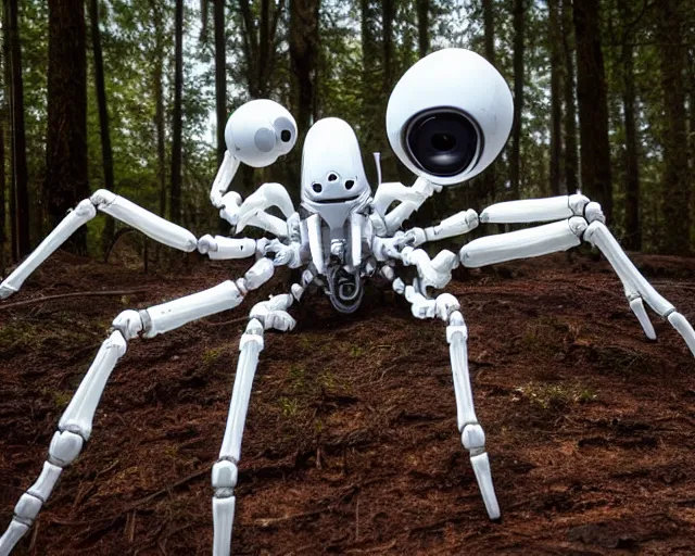 Image similar to photo of a giant huge white terminator spider with heavy duty biomechanical hydraulic cybernetic body with antennas and visor cogs and gears and components in the forest. cyberpunk horror style. highly detailed 8 k. intricate. nikon d 8 5 0 5 5 mm. award winning photography.