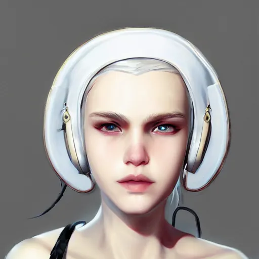 Image similar to a white haired girl wearing earmuffs with bionic eyes, digital art, 8 k resolution, unreal engine, highly detailed, pretty face, very beautiful face, very detailed eyes, photorealistic by wlop, greg rutkowski