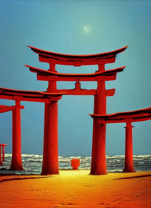 Prompt: happy torii gate on the shore. cassette era technology, vintage shapes, retro technology, happy color, bruce pennington, larry elmore, oil on canvas, deep depth field, masterpiece, cinematic composition, hyperdetailed