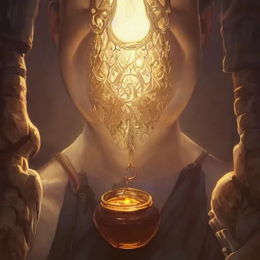 Prompt: man, a soul jar hanging from he's neck portrait, backlight, rim lighting, deep focus, d & d, fantasy, intricate, elegant, highly detailed, digital painting, artstation, concept art, matte, centered, sharp focus, illustration, hearthstone, art by artgerm, greg rutkowski and alphonse mucha