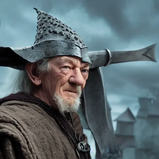 Image similar to the evil ian mckellen smothin on an anvil as gandalf in a dark viking hood playing odin all father from the thor movie crafting a neural network with synapses on am anvil, highly detailed, cinematic shot, cinematic lighting, 8 k, exquisit facial detail