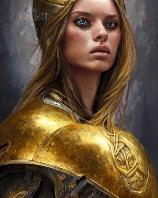 Prompt: beautiful female warrior, half body portrait, long flowing hair, heavy gold armour, realistic oil painting by Boris Valejo