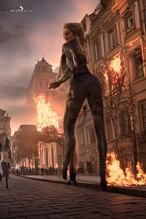 Prompt: in the foreground a street in Saint Petersburg, in the background a blonde woman from the back completely on fire wearing a long matrix-style jacket, realistic, high definition, many details, dramatic scene, detailed and realistic hands, symmetrical face, realistic eyes , art of unreal engine 5