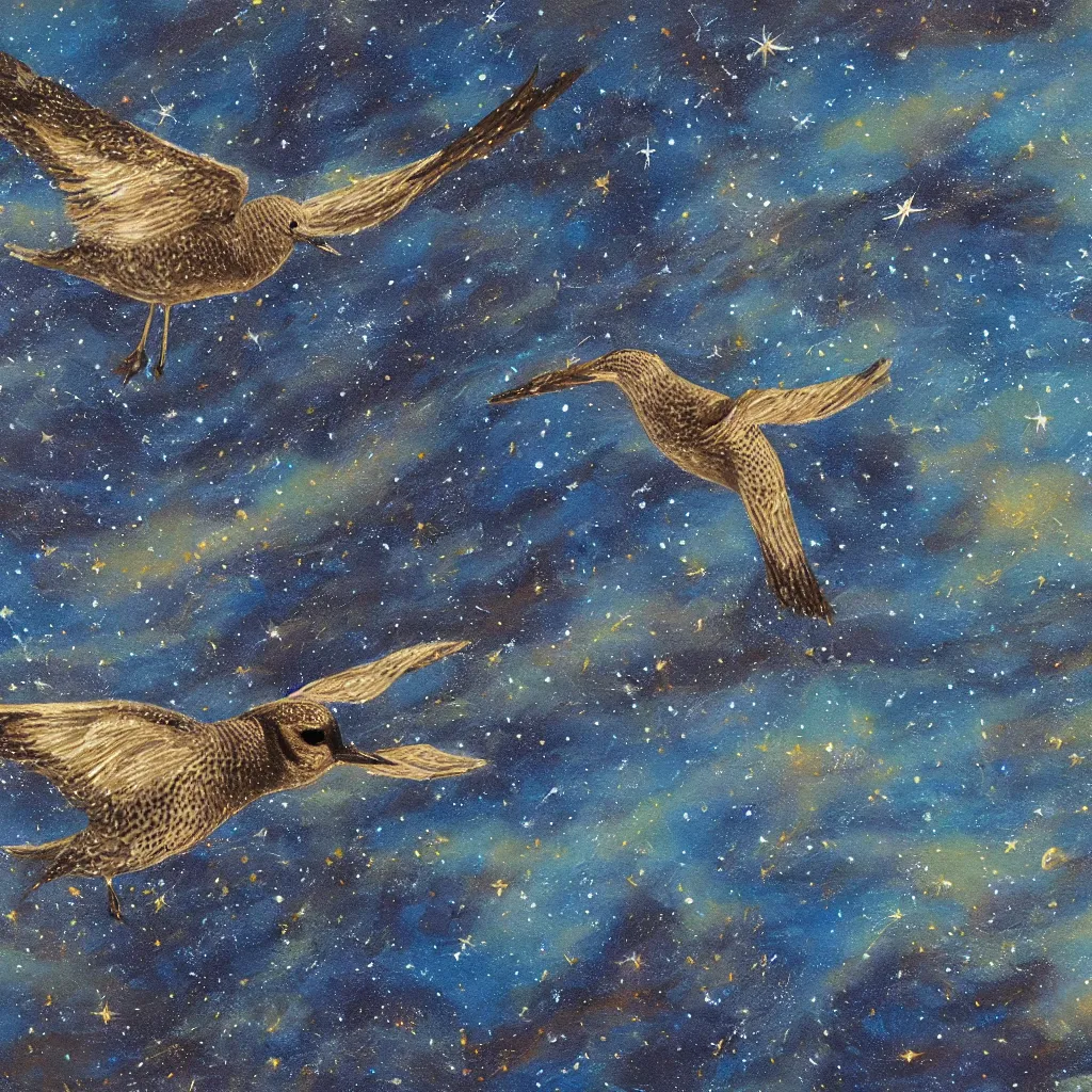 Prompt: oil painting closeup of a pacific golden plover flying in front of a swirling galaxy, shimmering stars, milky way