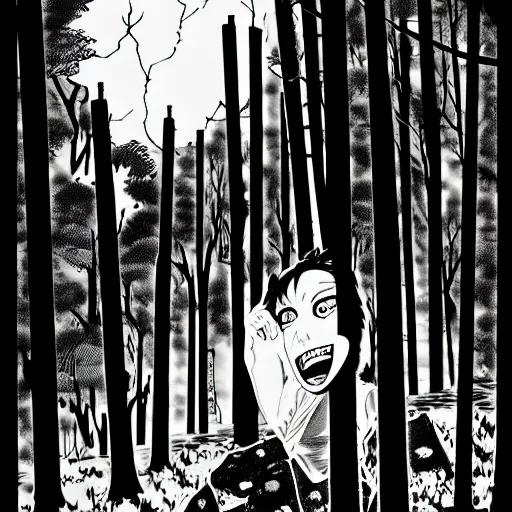 Prompt: in the style of sui ishida, junji ito, rafael albuquerque, shinsui ito, transparent ghost screaming, in the woods, moody lighting