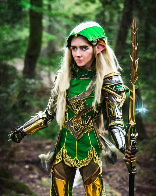 Image similar to a beautiful elf ranger with long hair and green eyes, no helmet, wearing green and gold futuristic mecha armor, with ornate rune carvings and glowing lining, very detailed, shot in canon 50mm f/1.2