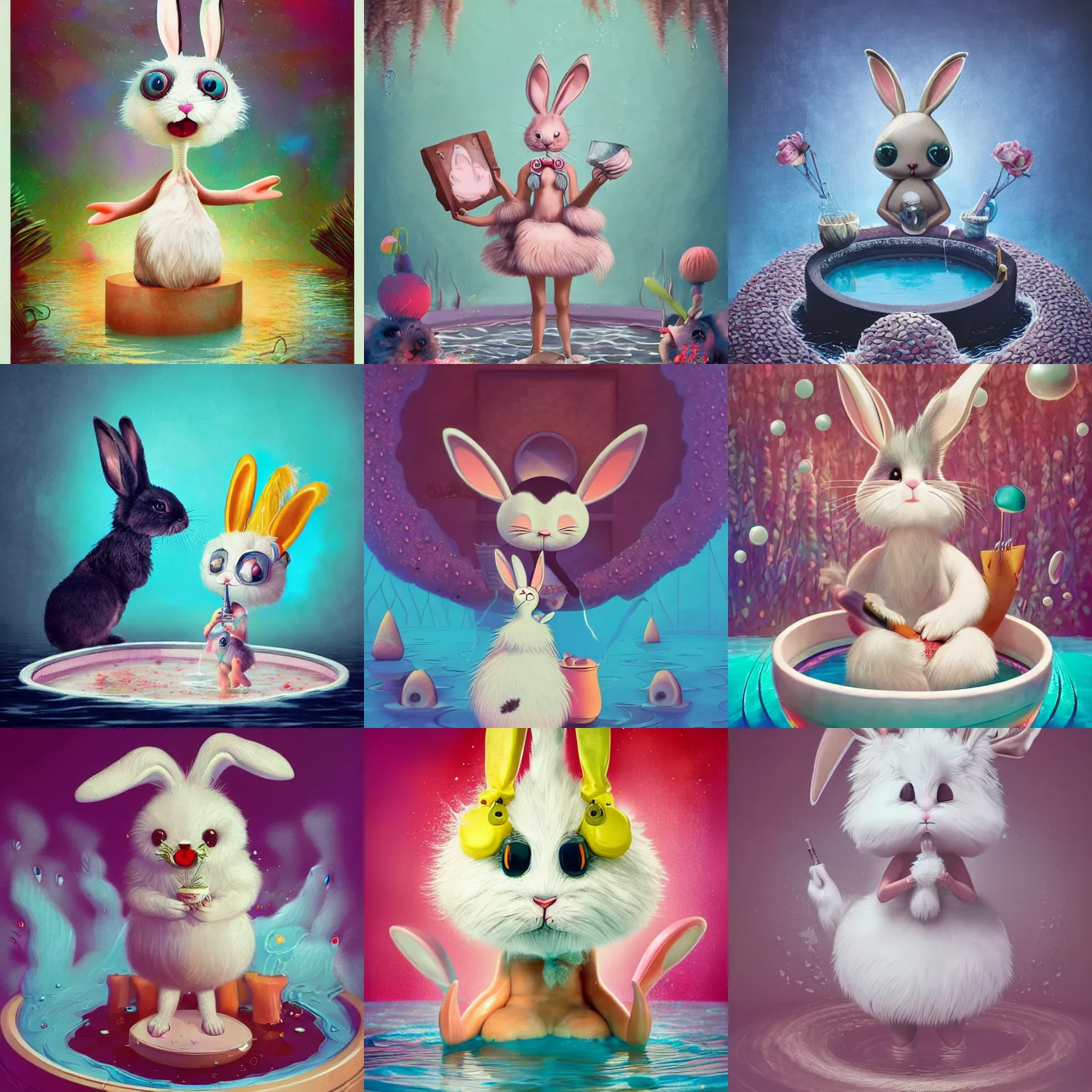 Prompt: a cute fluffy girl rabbit standing in a pool of water, holding a tepcatl, slicing the air. pop surrealism, contemporary art illustration, character concept art,, intricate highly detailed 8 k, artstation, art genevieve gauckler, loomis, surreal portrait photography, gary baseman, sharp focus, juxtapoz magazine illustration aesthetic