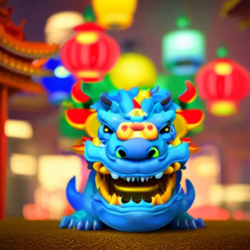 Image similar to cute baby chinese dragon surrounded by lanterns, colorful detailed photo realistic 3d pixar render 4k, trending on artstation