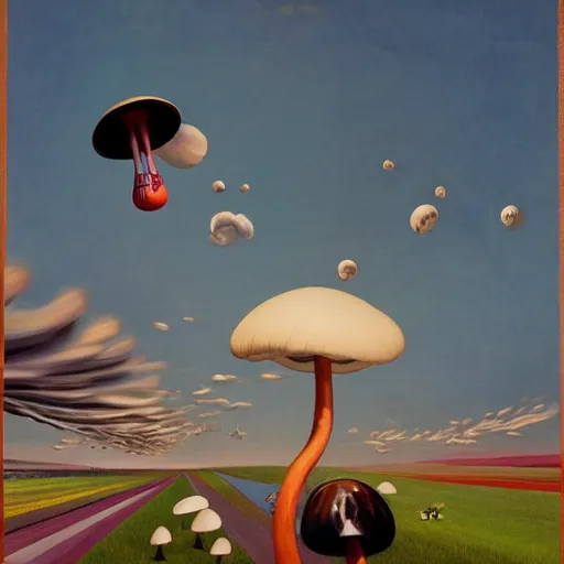 Prompt: Giant mushrooms fly through the air, as a tornado approaches, by Takashi Murakami, Edward Hopper, Bo Bartlett, and Cynthia Sheppard, Artstation