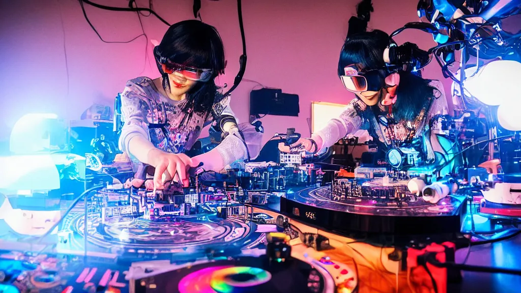 Image similar to an asian woman wearing goggles and visor and headphones using an intricate clockwork record player turntable contraption, robot arms, turntablism dj scratching, intricate planetary gears, smoky atmosphere, cinematic, sharp focus, led light strips, bokeh, iridescent, black light, fog machine, hazy, lasers, spotlights, motion blur, color