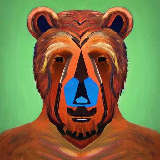 Prompt: Intricate five star Bear facial portrait by Pablo Picasso, oil on canvas, high detail, matte finish, high contrast, 3d depth, masterpiece, vivid colors, artstationhd