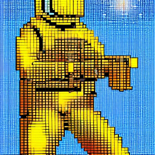 Image similar to a person in a gold and navy astronaut suit based upon medieval armor laser welding the stars into the sky, 8-bit pixel art