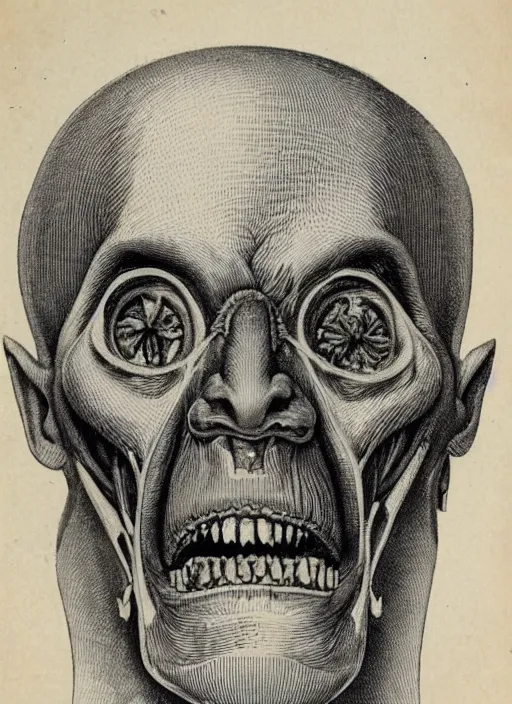 Prompt: vintage medical anatomical illustration of nosferatu head, highly detailed, labels, intricate writing