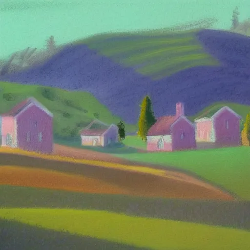 Image similar to new england houses among hills and fields, light pastel style painting