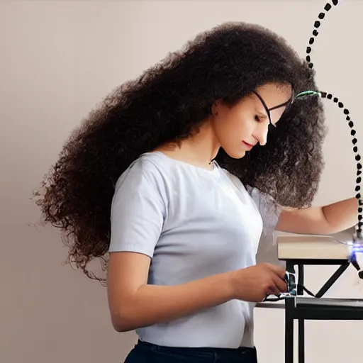 Prompt: woman building electrical wiring on desk, soft lighting, matte painting, curly hair