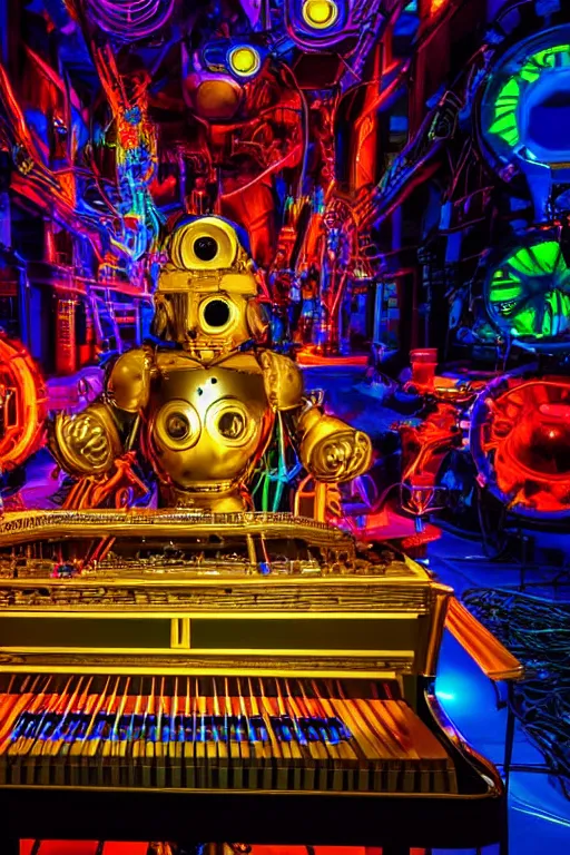 Image similar to portrait photo of a giant huge golden and blue metal humanoid steampunk robot piano player with multicolored big gears and tubes, a red piano, eyes are glowing red lightbulbs, shiny crisp finish, 3 d render, 8 k, insaneley detailed, fluorescent colors, background is multicolored lasershow