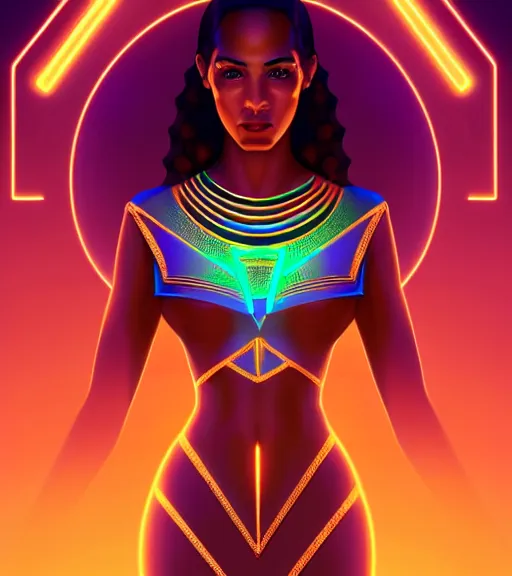 Image similar to symmetry!! egyptian princess of technology, solid cube of light, hard edges, product render retro - futuristic poster scifi, lasers and neon circuits, brown skin gorgeous egyptian princess, intricate, elegant, highly detailed, digital painting, artstation, concept art, smooth, sharp focus, illustration, dreamlike, art by artgerm