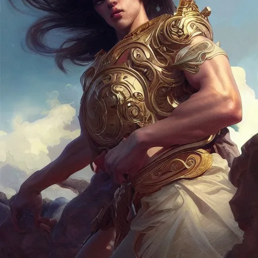 Image similar to portrait of a heavenly god, full body, muscular, fantasy, intricate, elegant, dramatic lighting, highly detailed, digital painting, artstation, concept art, matte, sharp focus, illustration, art by artgerm and greg rutkowski and alphonse mucha