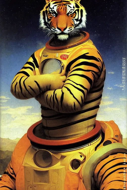 Prompt: portrait of a tiger astronaut with spacesuit and helmet, majestic, solemn, by bouguereau