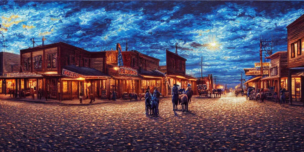 Image similar to oil painting of wild west small town, western, old west, nighttime, high production value, intricate details, high resolution, hyperrealistic, hdr, high definition, masterpiece, ultra realistic, highly detailed, hd, sharp focus, non blurry, sharp, smooth