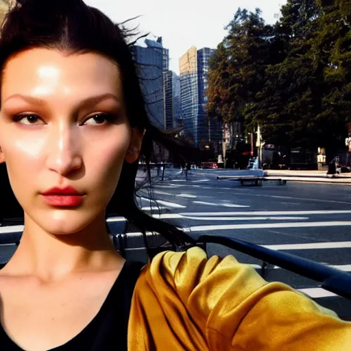 Prompt: bella hadid taking a selfie in seoul, photorealistic, dynamic light, ultra detailed