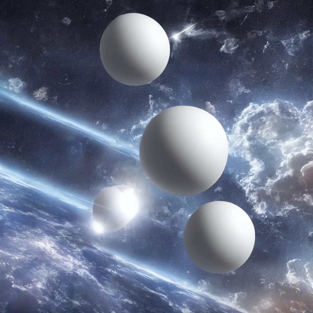 Prompt: 3 d render of one big white sphere broken to pieces in space, light is coming out from inside the sphere