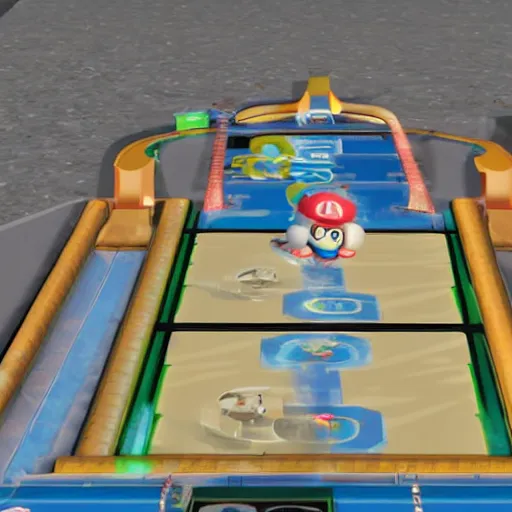 Image similar to A Mario Kart Double Dash Custom Track On The Moon called 'Wario's Moon Base'. Detailed nintendo videogame racetrack.