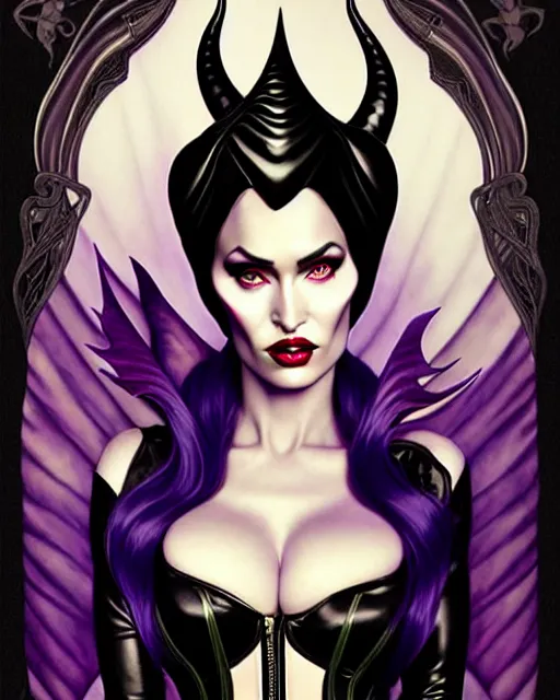 Image similar to new art nouveau portrait of fantasy succubus maleficent megan fox wearing a latex corset, anna dittmann, patrick nagle, charlie bowater and loish. long windblown hair, very large, clear, expressive, and intelligent eyes, ultrasharp focus, dramatic lighting, photorealistic digital matte painting, intricate ultra detailed background.