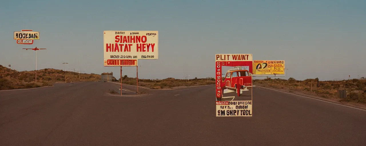 Image similar to highway advertisements promoting spaghetti, highway 5 0, arizona, sunset, canon 2 0 mm, shallow depth of field, kodachrome, in the style of wes anderson