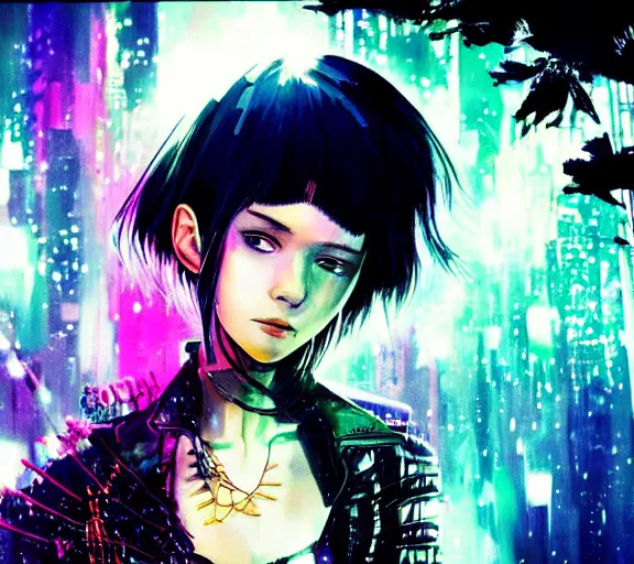 Prompt: very beautiful closeup portrait of a black bobcut hair style futuristic claire boucher as grimes in a blend of manga - style art, augmented with vibrant composition and color, all filtered through a cybernetic lens, by hiroyuki mitsume - takahashi and noriyoshi ohrai and annie leibovitz, dynamic lighting, flashy modern background with black stripes