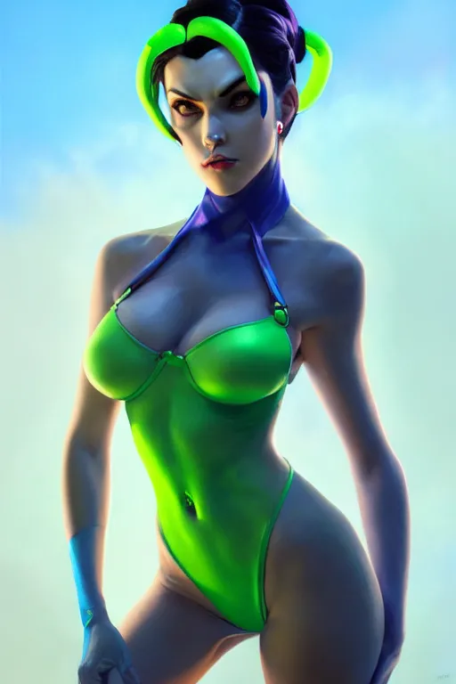 Image similar to painting of widowmaker from overwatch, closed swimsuit, green blue skin color, ultra realistic, sharp details, subsurface scattering, intricate details, warm lighting, beautiful features, highly detailed, photorealistic, octane render, 8 k, unreal engine, art by artgerm and greg rutkowski and alphonse mucha