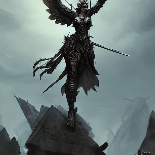 Image similar to valkyrie standing triumphantly atop a pile of bones, epic fantasy, insane details, illustration, artstation, intricate, sharp focus, elegant, concept art