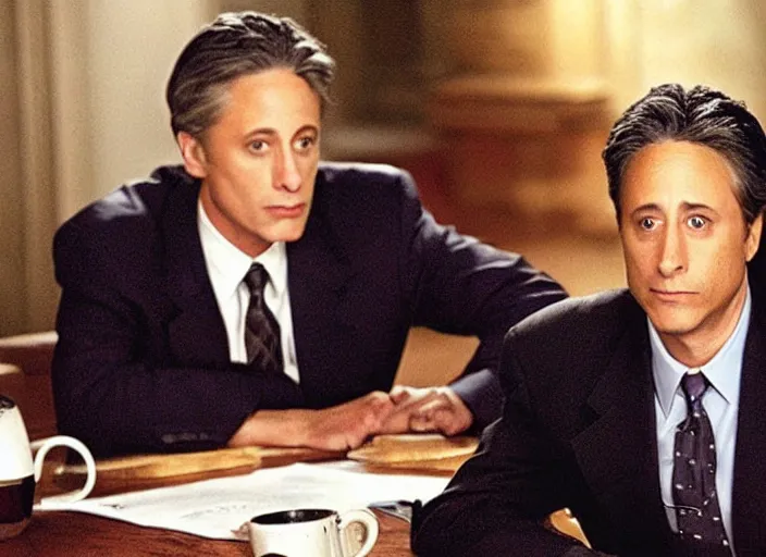 Prompt: a still from the 2001 TV Show The West Wing Starring Jon Stewart