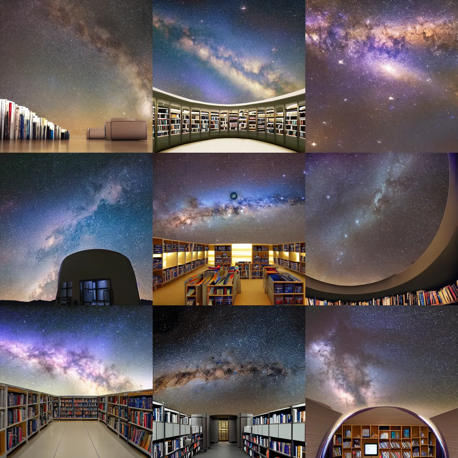 Prompt: interior of a space library, looking out into the milky way galaxy