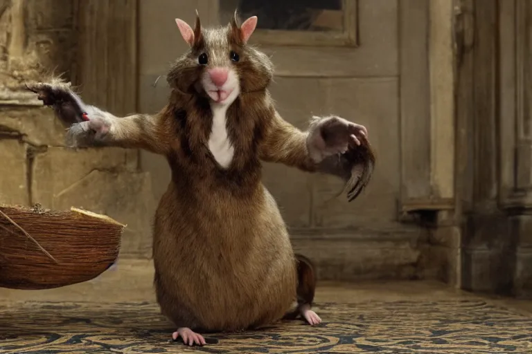 Prompt: 9, photo, emma watson as anthropomorphic furry - rat, 1 8 6 5 5, she is a real huge fat rat with rat body, cats! are around, eating cheese, highly detailed, intricate details