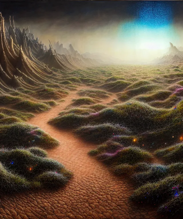 Image similar to hyperrealistic mixed media painting of a dirt trail across a fantasy landscape, stunning 3d render inspired art by P. Craig Russell and Barry Windsor-Smith + dim volumetric lighting, dizzy, full body, 8k octane beautifully detailed render, post-processing, extremely hyperdetailed, intricate, epic composition, grim yet sparkling atmosphere, cinematic lighting + masterpiece, trending on artstation, very very detailed, masterpiece, stunning