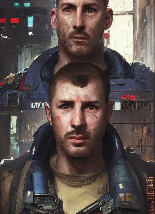 Image similar to bob stubbins. cyberpunk USN marine wearing a military vest and combat gear. (Cyberpunk 2077, bladerunner 2049, rb6s). Round face. Iranian orientalist portrait by john william waterhouse and Edwin Longsden Long and Theodore Ralli and Nasreddine Dinet, oil on canvas. Cinematic, hyper realism, realistic proportions, dramatic lighting, high detail 4k