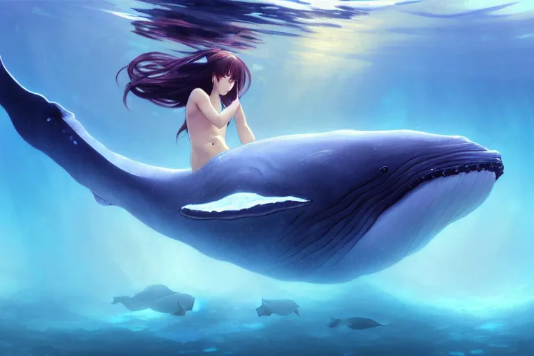 Image similar to a panorama distant view under the water, underwater world, anime art full body portrait character concept art, hyper detailed cg rendering of a cute girl and whale, elegant, highly detailed, digital painting, artstation, concept art, smooth, sharp focus, illustration, art by artgerm and greg rutkowski and alphonse mucha, 8 k