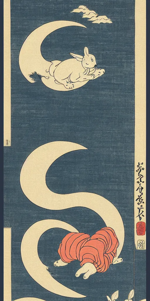 Prompt: an ukiyo - e style woodblock print of a rabbit in the moon, by katsushika hokusai and kawase hasui