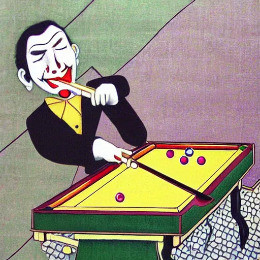 Image similar to the joker playing pool by foujita, tsuguharu, magical realism