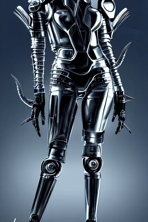 Image similar to female chrome futuristic cyborg with curved metal horns, chrome motorcycle parts, full body, Loki horns, machine background, dark sci-fi, diffuse lighting, fantasy, intricate, elegant, highly detailed, lifelike, photorealistic, digital painting, artstation, illustration, concept art, smooth, sharp focus, art by John Collier and Albert Aublet and Krenz Cushart and Artem Demura and Alphonse Mucha