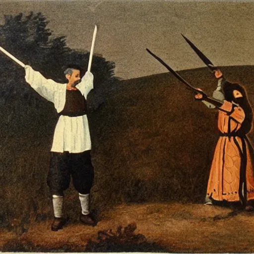 Prompt: peasant with pitchfork posing for the camera