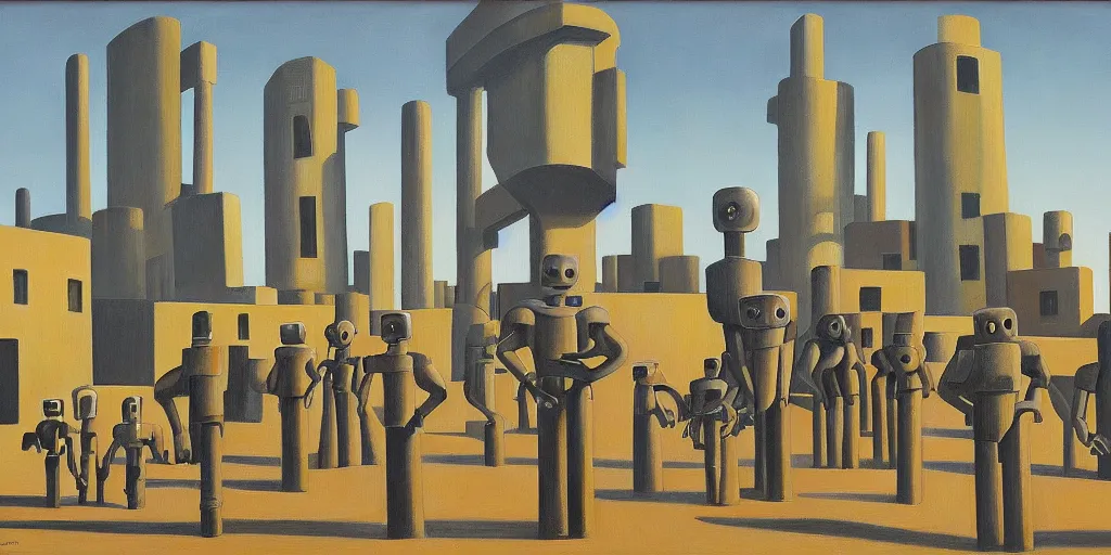 Image similar to formation of robots guarding a brutalist fortress, evil visages, dystopian, pj crook, edward hopper, oil on canvas