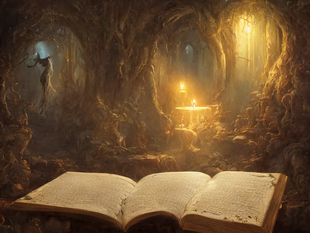 Prompt: detailed painting of a magical book open on a table that is a portal to a fantasy realm by Greg Rutkowski, fantasy, dramatic light
