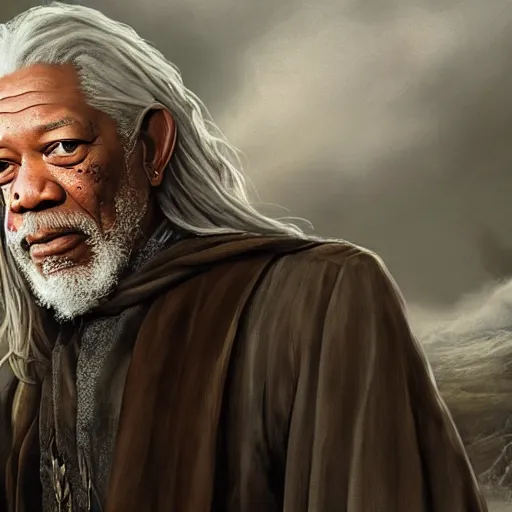 Image similar to morgan freeman starring as gandalf in lord of the rings, made by stanley artgerm lau, wlop, rossdraws, artstation, cgsociety, concept art, cgsociety, octane render, trending on artstation, artstationhd, artstationhq, unreal engine, 4 k, 8 k