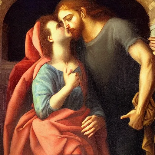 Image similar to an oil panting of a jesus kissing maria maddalena