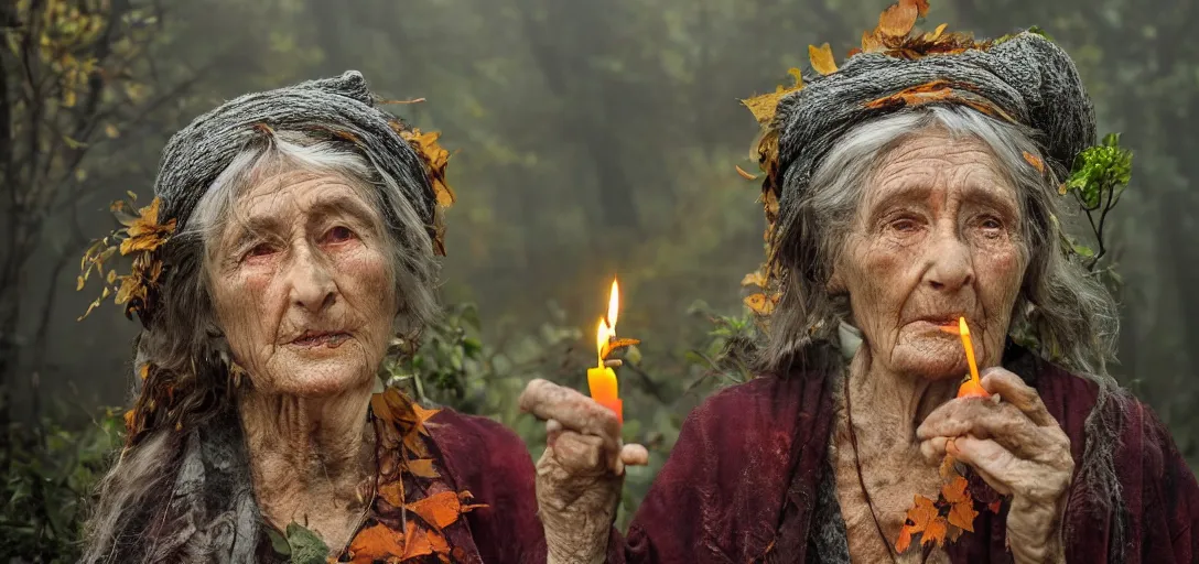Prompt: old crone singing the song of forgetting in a gloomy misty forest with vibrant orange leaves on a nearby golden pedestal burn seven red candles. smoke fire. high detail, detailed face with piercing green eyes, far away photograph