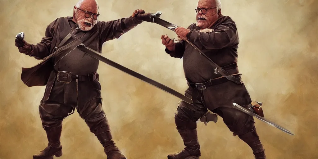 Image similar to wilford brimley fighting danny devito to the death with medieval weapons diabeetus high fidelity painting high resolution trending on artstation